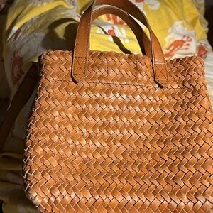 Madewell Small Transport Tote Leather Woven Burnished Caramel Tan Crossbody Bag